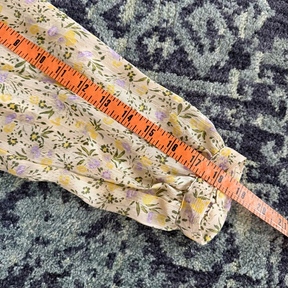 ZARA Preppy Summer Blouse Floral V-Neck Collared Balloon Sleeve Pleated Top - Picture 14 of 15